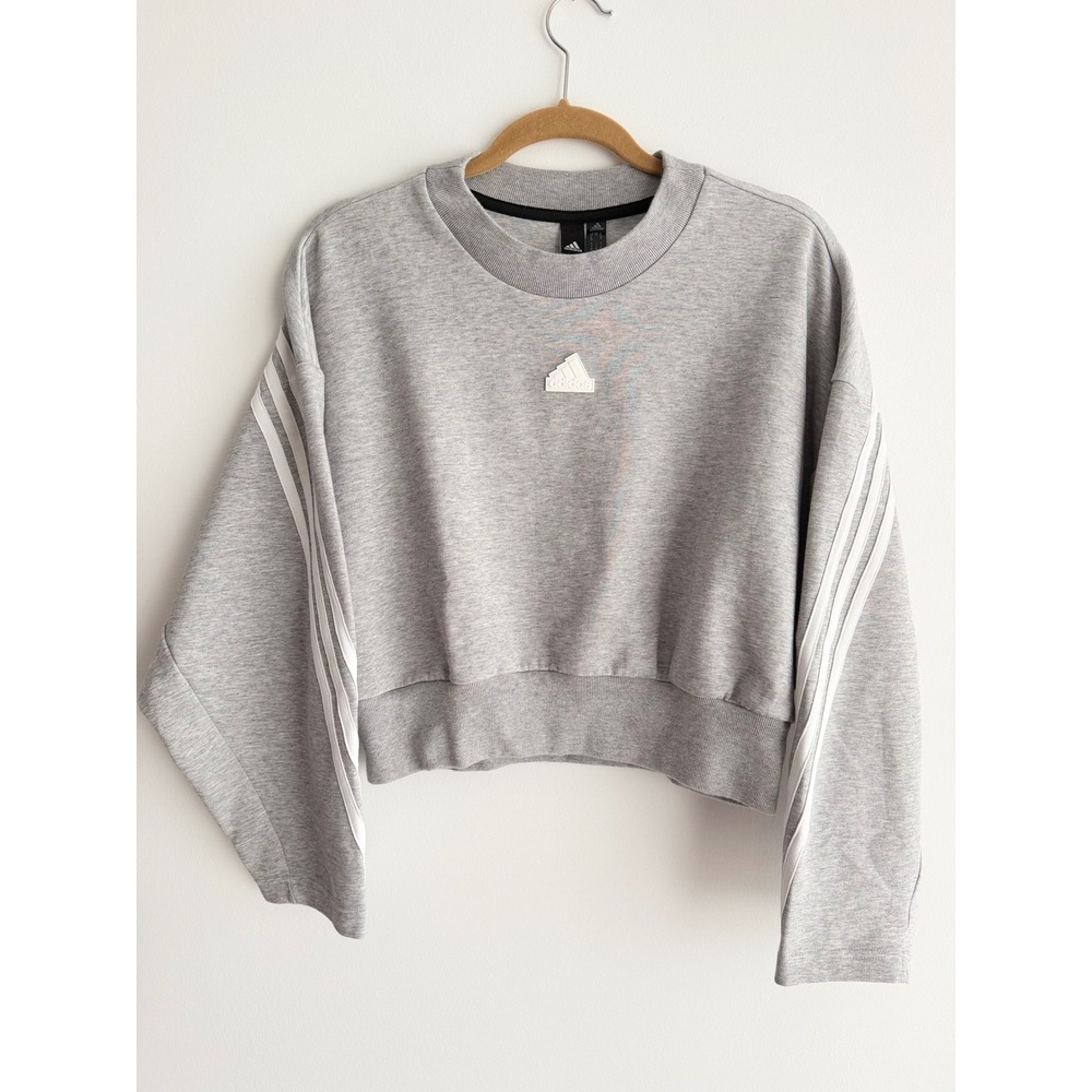 Adidas Women Cropped Sweatshirt Gray 3-Stripe Boxy Pullover Street Sporty Sz S
